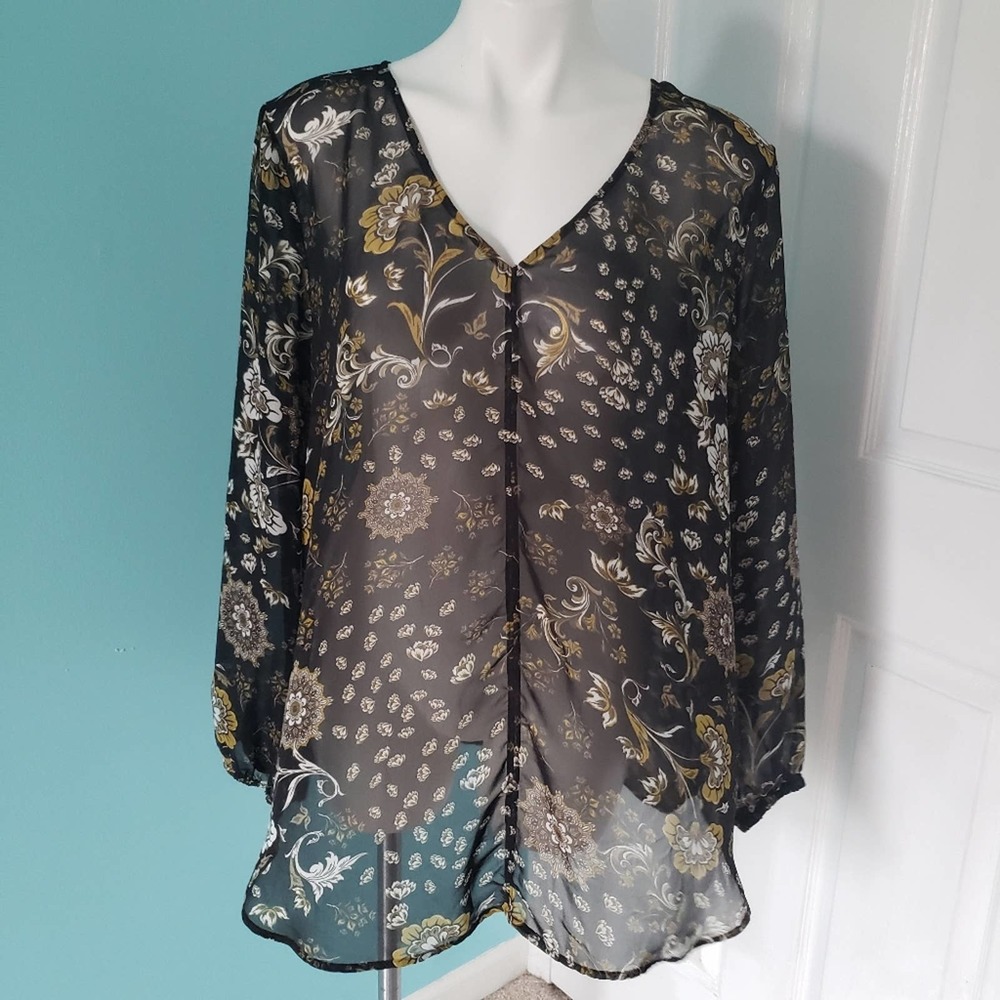 LOFT Long Sleeve Sheer Black Floral Tunic Size XL